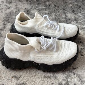 White Knit Sneakers with Black Soles